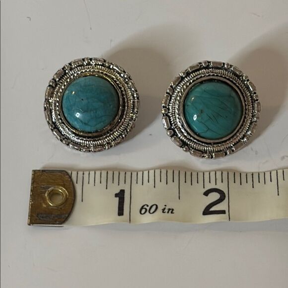 Silver Tone and Turquoise Colored Round Clip On Earrings - Picture 8 of 8